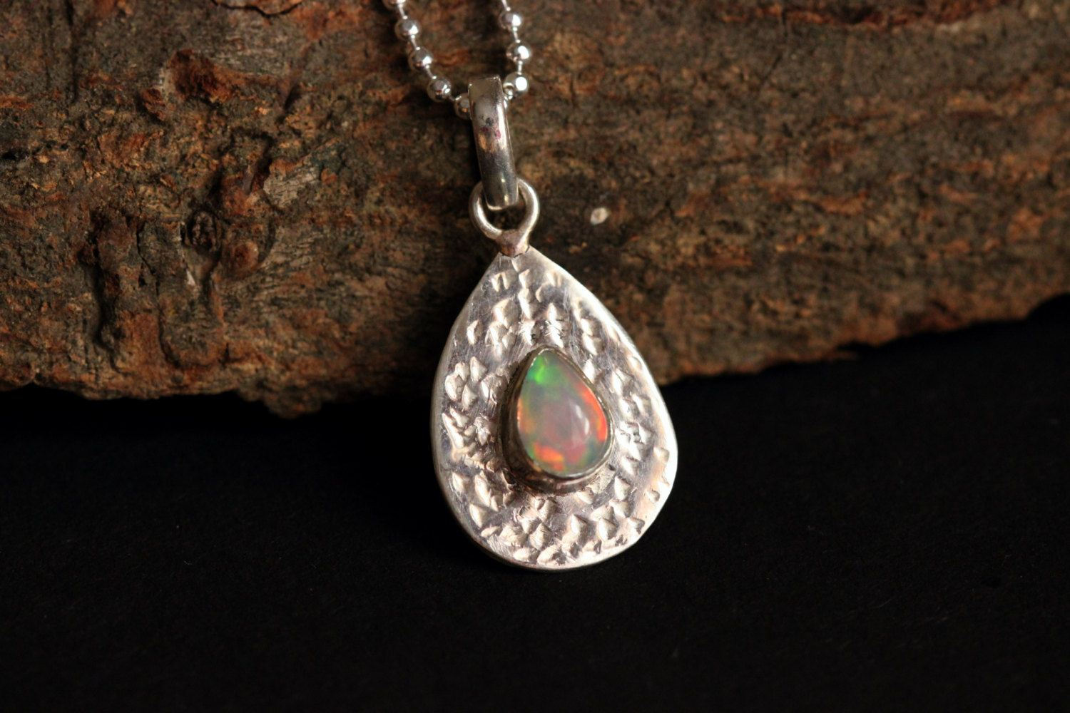 Genuine opal pendant, Hammered natural opal silver pendant