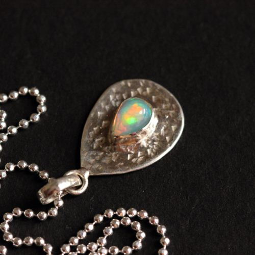 Genuine opal pendant, Hammered natural opal silver pendant