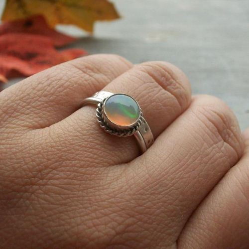 Genuine opal ring, Natural opal stack ring, Opal silver ring