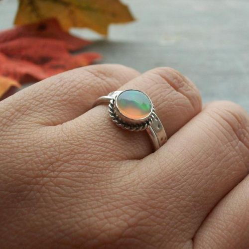 Genuine opal ring, Natural opal stack ring, Opal silver ring