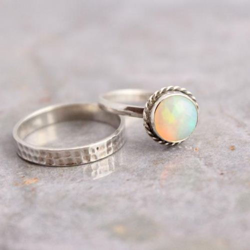 Genuine opal ring, Natural opal stack ring, Opal silver ring