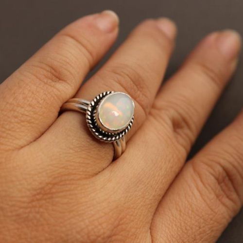 Genuine opal silver ring, Natural opal stack ring, Promise ring