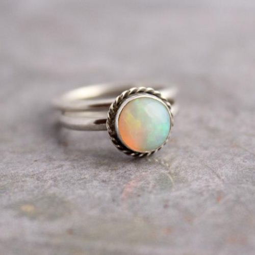 Genuine opal ring, October birthstone silver rings, Stack rings