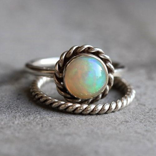 Natural opal silver ring - Stackable ring - Round gemstone ring
