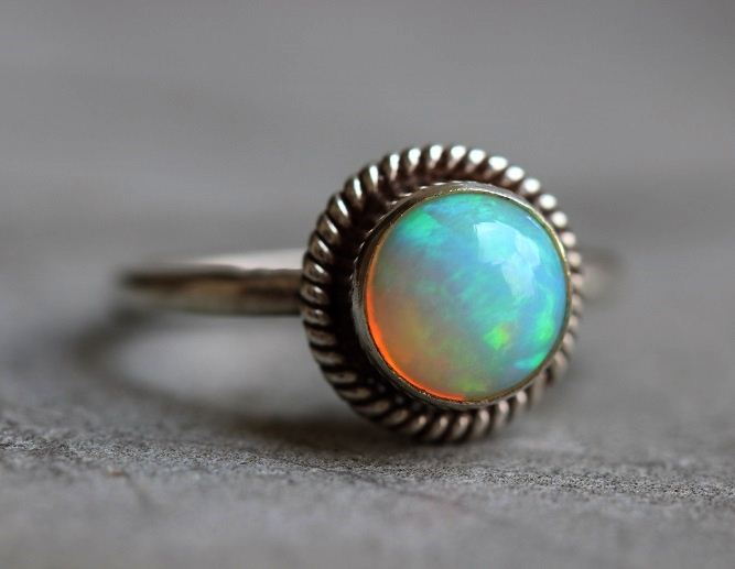 Genuine opal round birthstone silver ring, October birthstone gift