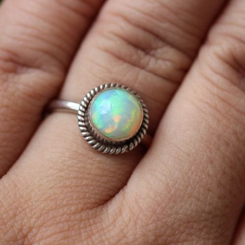 Genuine opal round birthstone silver ring, October birthstone gift