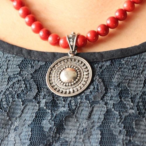 Ethnic red coral gemstone silver beaded necklace earrings set
