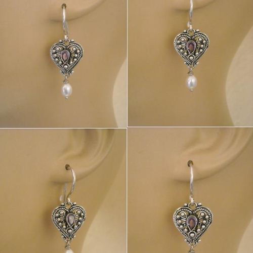 Ethnic artisan earrings, Amethyst pearl silver earrings