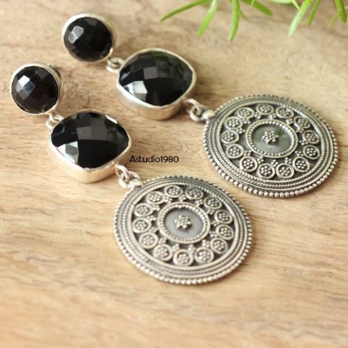Ethnic artisan jewelry earrings, Black Onyx silver earrings