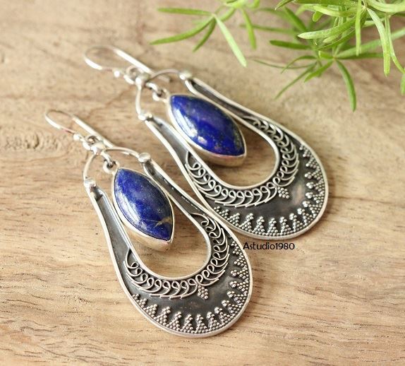 Ethnic artisan jewelry earrings, Blue Lapis Lazuli silver earrings