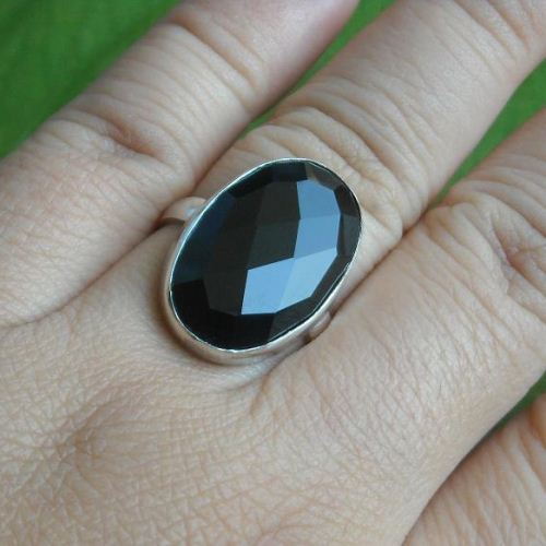 Faceted Black Onyx Ring, Black gemstone unique handmade silver ring