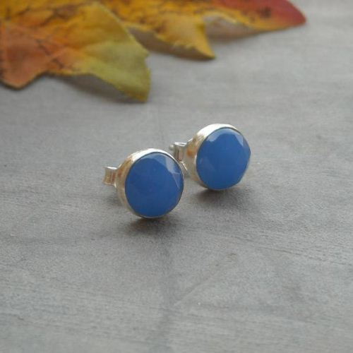 Faceted blue chalcedony earrings, Sterling silver 8mm stud earrings