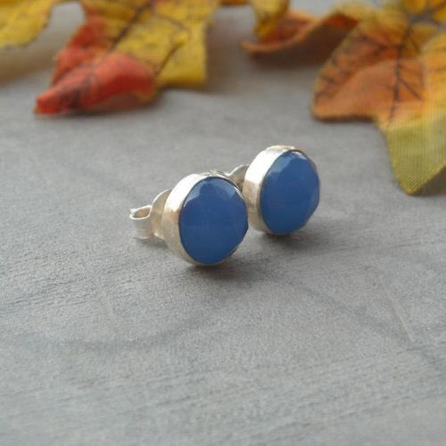 Faceted blue chalcedony earrings, Sterling silver 8mm stud earrings