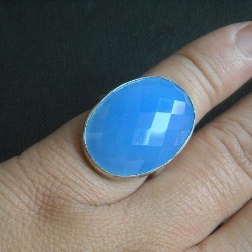 Faceted blue chalcedony ring, Oval blue silver ring