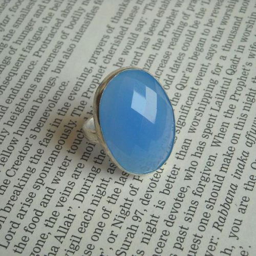Faceted blue chalcedony ring, Oval blue silver ring