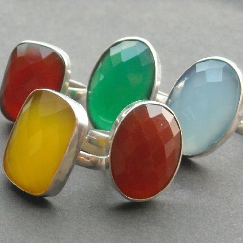 Faceted blue chalcedony ring, Oval blue silver ring