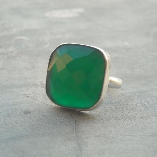 Faceted emerald green ring, Artisan sterling silver green onyx ring