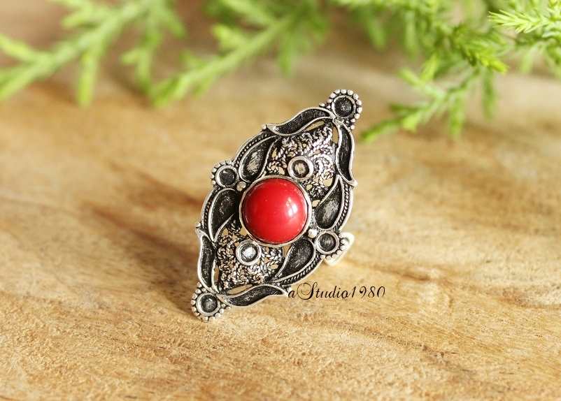 Filigree red coral ring Adjustable sterling silver oxidized ring