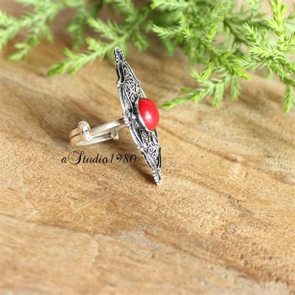 Filigree red coral ring Adjustable sterling silver oxidized ring