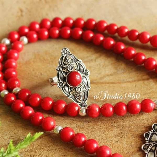 Filigree red coral ring Adjustable sterling silver oxidized ring