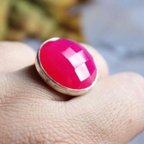 Fuschia Pink ring, Pink chalcedony gemstone silver ring