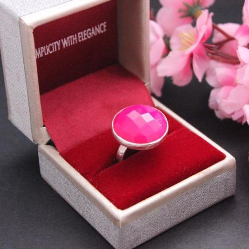 Fuschia Pink ring, Pink chalcedony gemstone silver ring