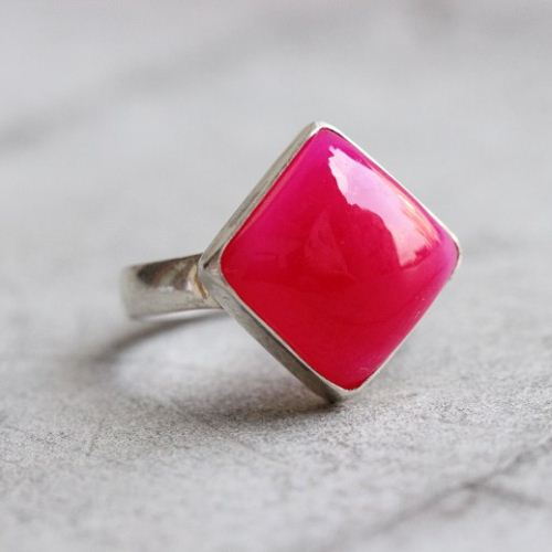 Fuschia Pink ring, Pink chalcedony silver ring, Square Gemstone ring