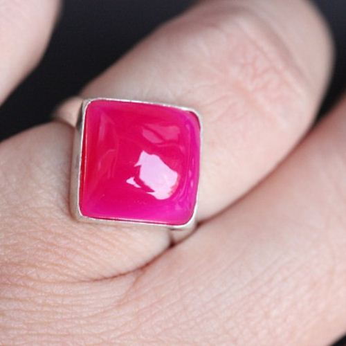 Fuschia Pink ring, Pink chalcedony silver ring, Square Gemstone ring