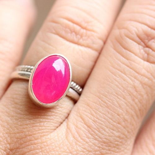 Fuschia Pink ring - Pink chalcedony oval gemstone silver ring