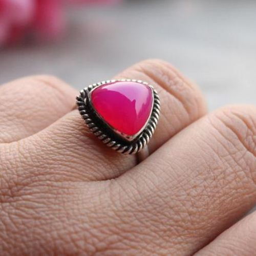 Fuschia ring, Hot pink ring, Pink chalcedony silver ring, Triangular ring