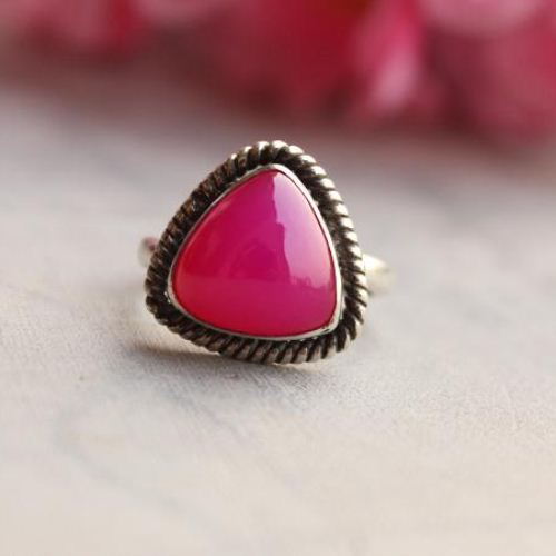 Fuschia ring, Hot pink ring, Pink chalcedony silver ring, Triangular ring