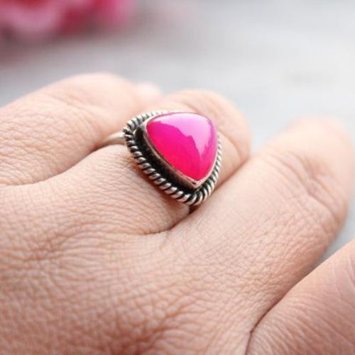 Fuschia ring, Hot pink ring, Pink chalcedony silver ring, Triangular ring