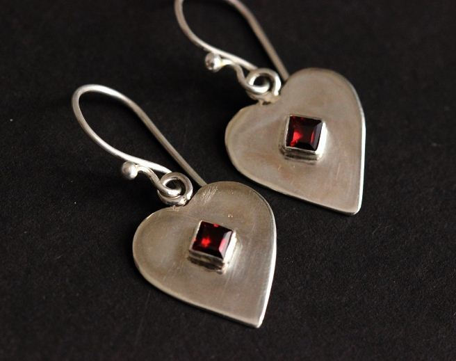 Garnet earrings, Heart earrings, Artisan silver hook earrings