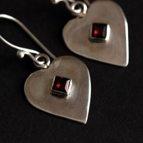 Garnet earrings, Heart earrings, Artisan silver hook earrings