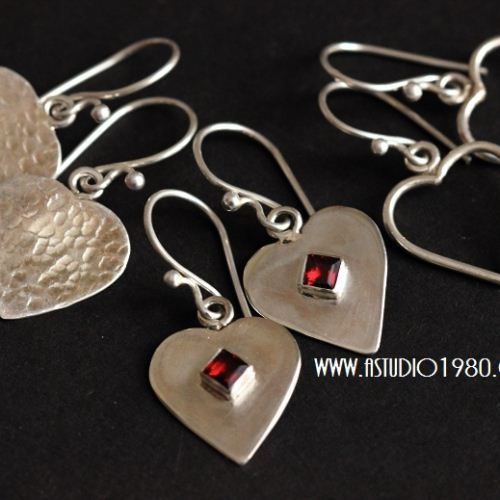 Garnet earrings, Heart earrings, Artisan silver hook earrings