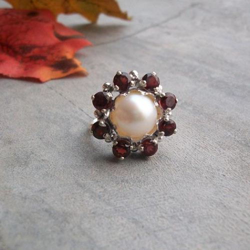 Garnet ring, Flower sterling silver ring, Artisan pearl ring