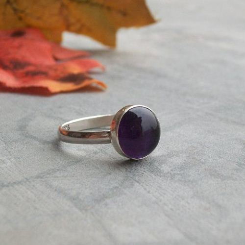 Genuine Amethyst Ring, Amethyst cabochon silver ring, February birthstone