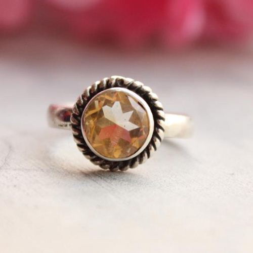 Genuine Citrine Ring, Round citrine sterling silver ring