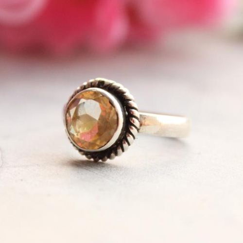 Genuine Citrine Ring, Round citrine sterling silver ring