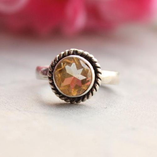 Genuine Citrine Ring, Round citrine sterling silver ring