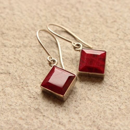 Genuine Ruby earrings, Ruby dangle silver earrings