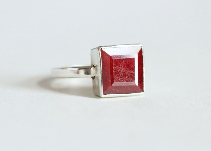 Genuine Ruby ring, Gemstone ring, Red ring, Square cut silver ring