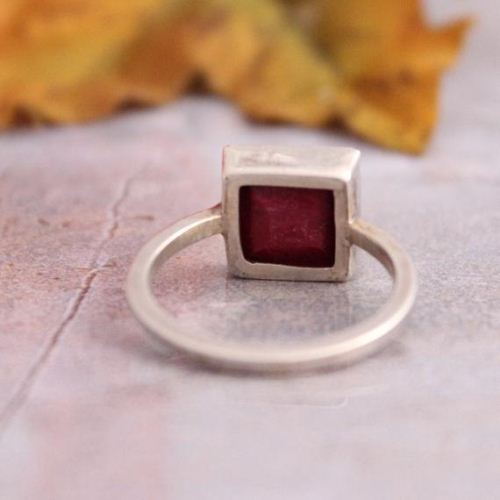 Genuine Ruby ring, Gemstone ring, Red ring, Square cut silver ring