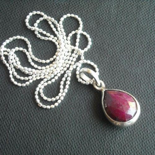 Genuine red ruby pendant chain - silver tear drop pendant necklace