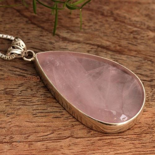 Genuine rose quartz pendant necklace, Handmade gemstone silver jewelry