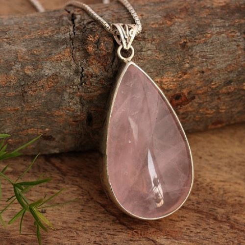 Genuine rose quartz pendant necklace, Handmade gemstone silver jewelry