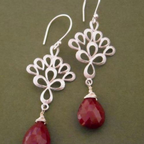 Genuine ruby earrings, Peacock feather earrings, gemstone sterling silver earrings