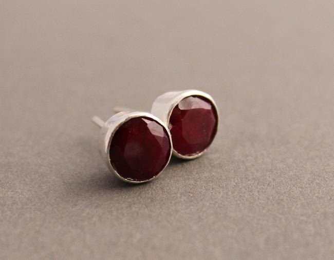Genuine ruby earrings, Ruby stud earrings, Round silver studs