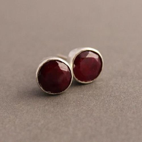 Genuine ruby earrings, Ruby stud earrings, Round silver studs