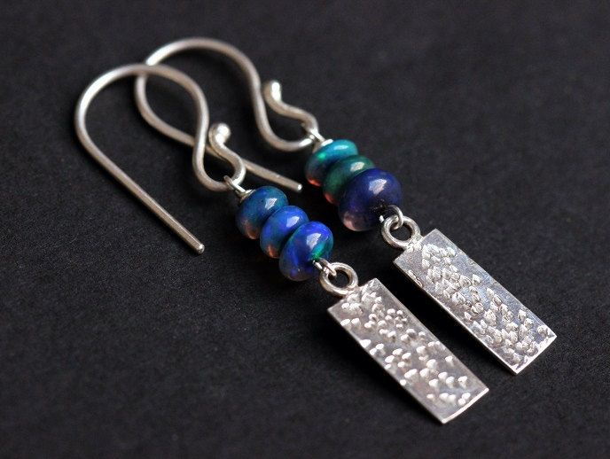 Geometric silver earrings Genuine opal